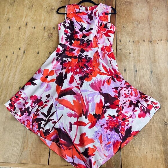 Donna Morgan Floral Pattern‎ Dress Handkerchief Bottom 6 Red Pink White - Picture 1 of 7